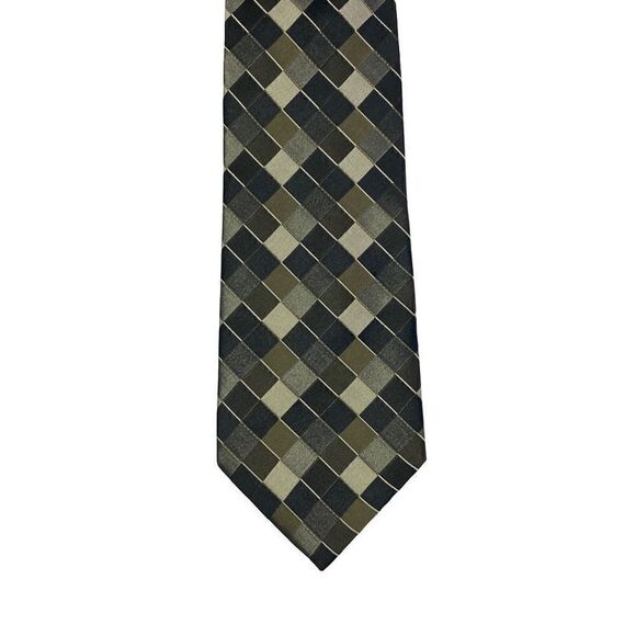 Foggia Silk Neck Tie Black Grey Green Diamond Pattern - Picture 1 of 4